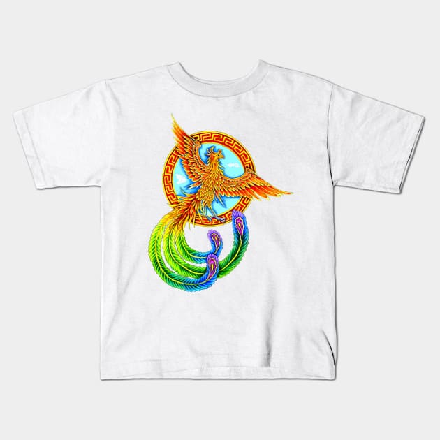 Vermilion Bird Rainbow Phoenix Kids T-Shirt by rebeccawangart